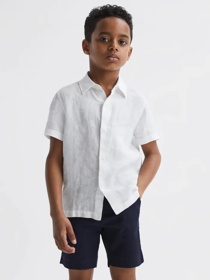 Children Reiss Shirts Holiday Short Sleeve Linen Shirt White