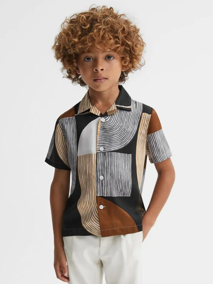 Children Reiss Shirts Levy Printed Cuban Collar Shirt Tobacconavy