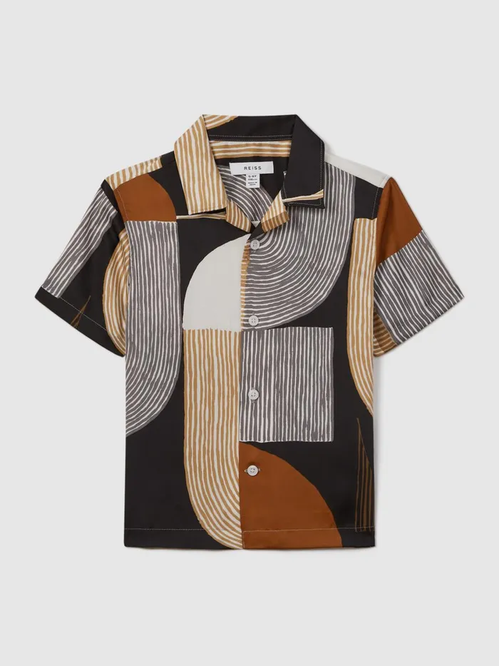 Children Reiss Shirts Levy Printed Cuban Collar Shirt Tobacconavy