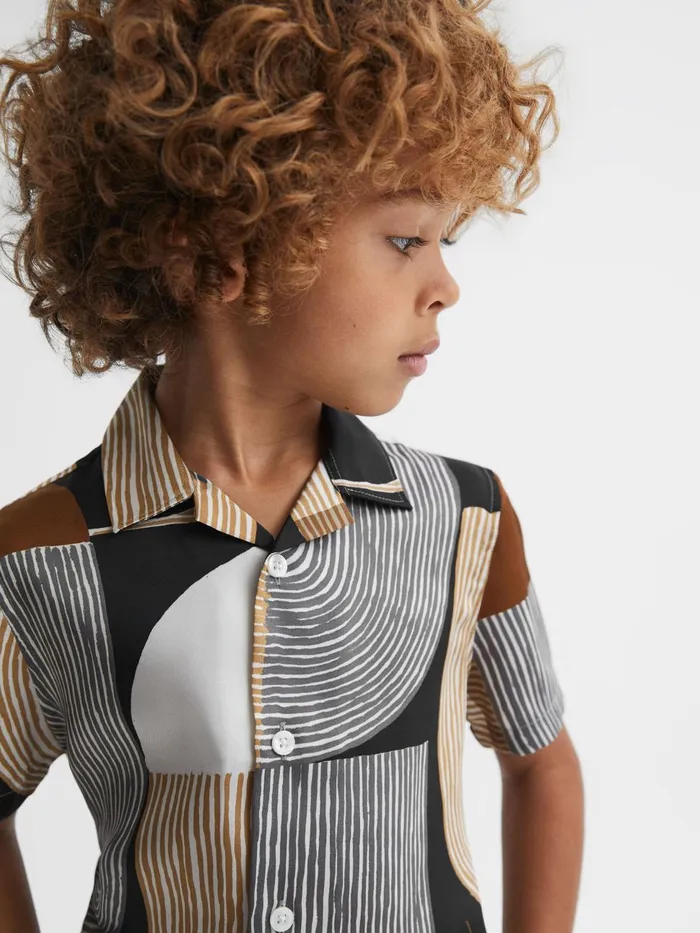 Children Reiss Shirts Levy Printed Cuban Collar Shirt Tobacconavy