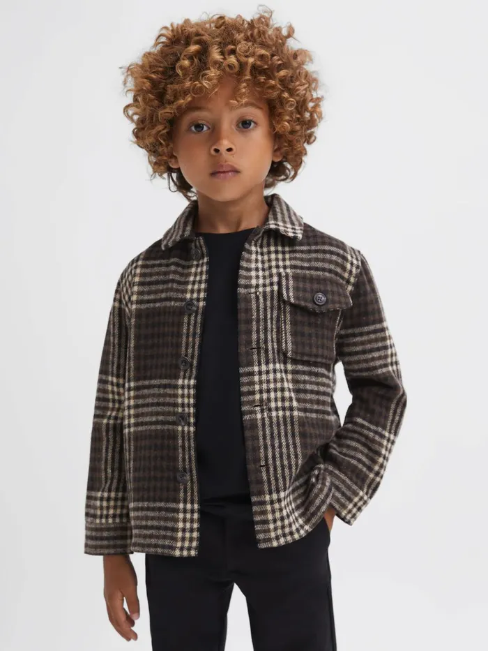 Children Reiss Shirts Mack Brushed Checked Overshirt Oatmeal