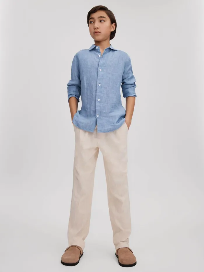 Children Reiss Shirts Ruban Linen Cutaway Collar Shirt Sky Blue