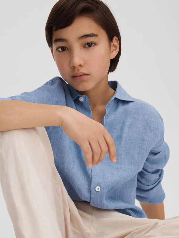 Children Reiss Shirts Ruban Linen Cutaway Collar Shirt Sky Blue