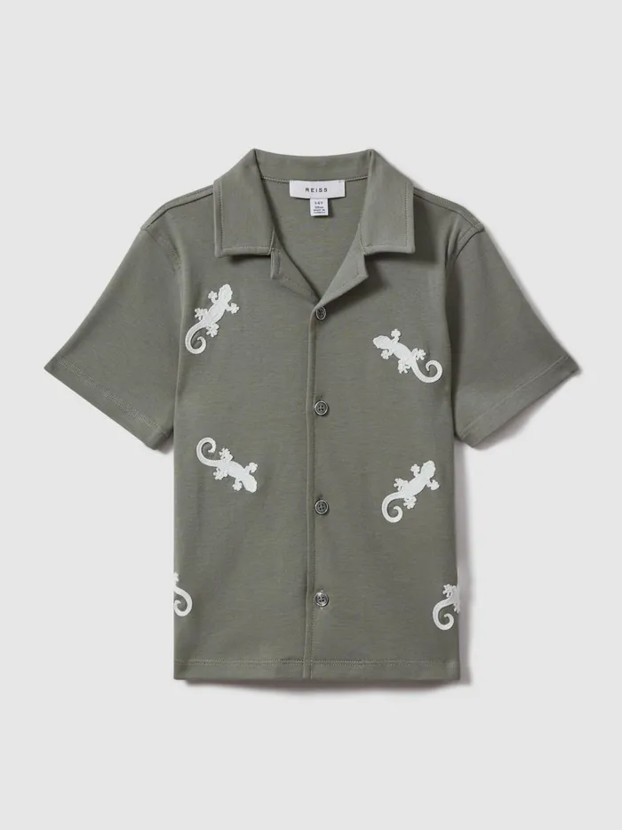 Children Reiss Shirts Thar Cotton Reptile Patch Cuban Collar Shirt Sagewhite
