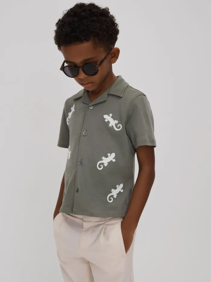 Children Reiss Shirts Thar Cotton Reptile Patch Cuban Collar Shirt Sagewhite