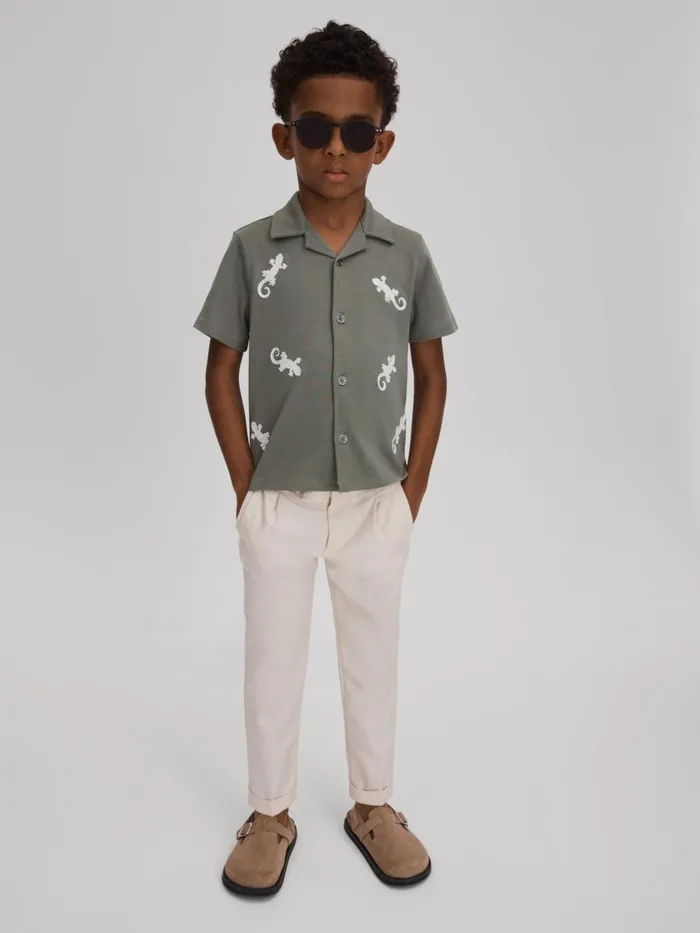 Children Reiss Shirts Thar Cotton Reptile Patch Cuban Collar Shirt Sagewhite