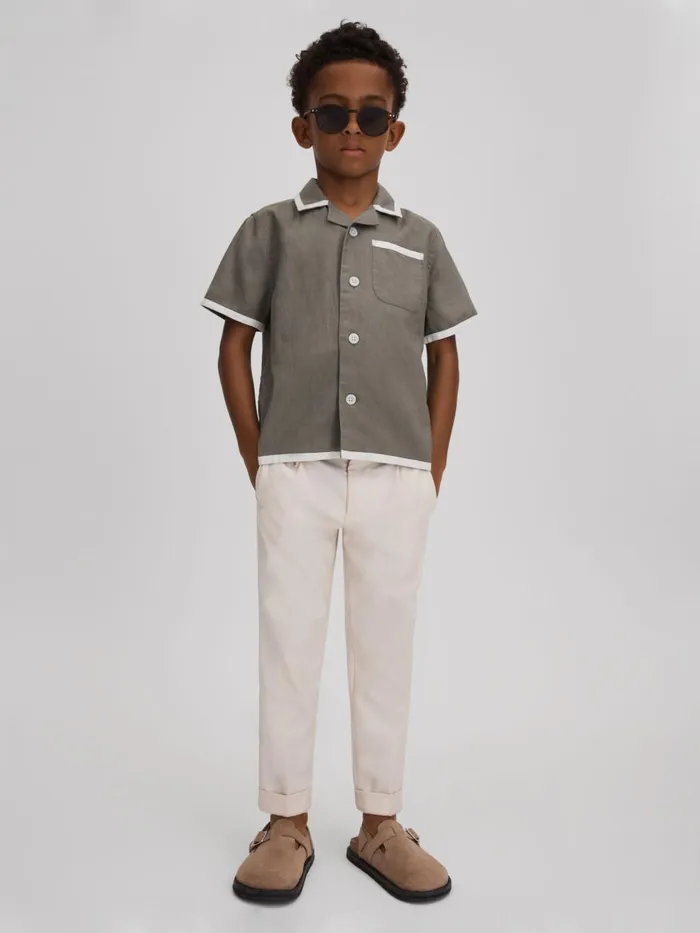 Children Reiss Shirts Vitan Linen Contrast Cuban Collar Shirt Khakiwhite