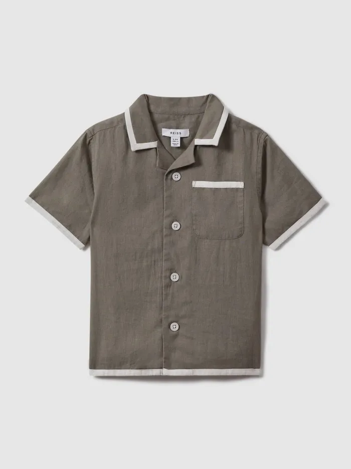 Children Reiss Shirts Vitan Linen Contrast Cuban Collar Shirt Khakiwhite