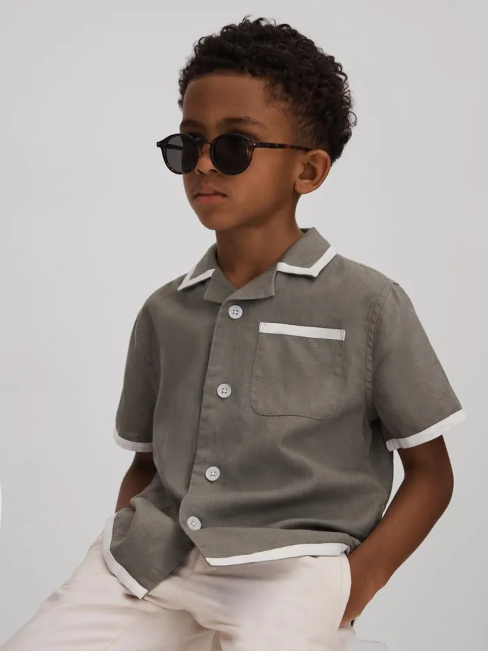 Children Reiss Shirts Vitan Linen Contrast Cuban Collar Shirt Khakiwhite