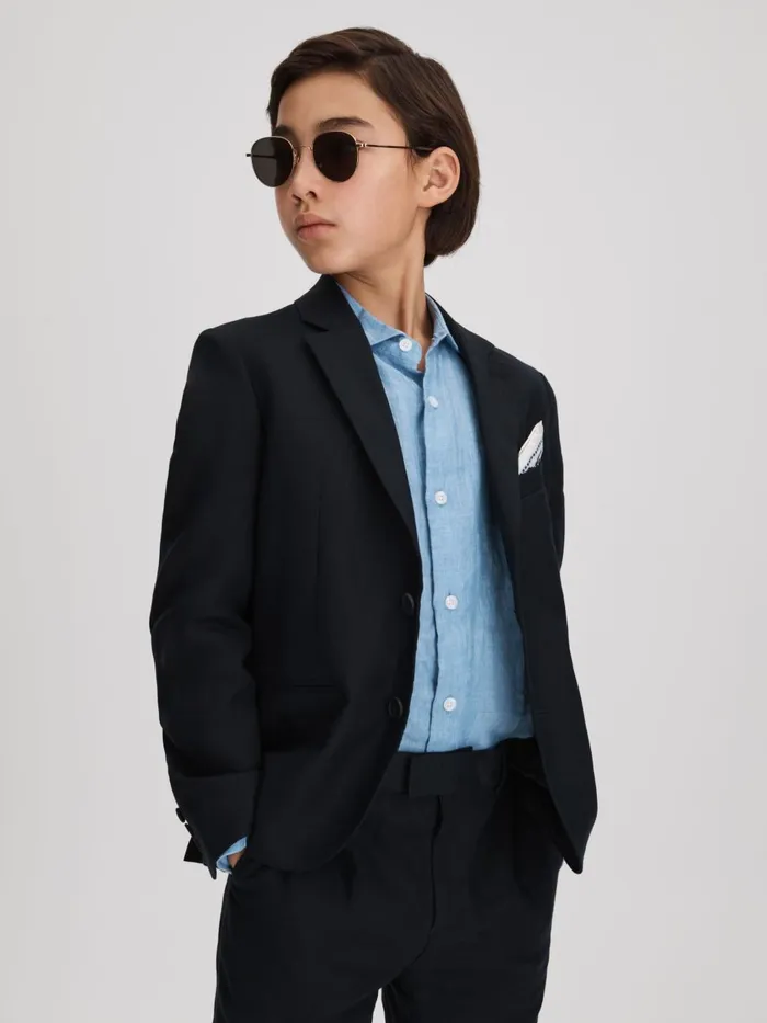 Children Reiss Suits and Tailoring Kin Slim Fit Single Breasted Linen Blazer Navy