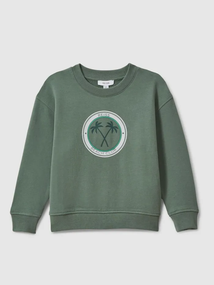 Children Reiss TShirts Marin Cotton Motif Crew Neck Sweatshirt Dark Sage