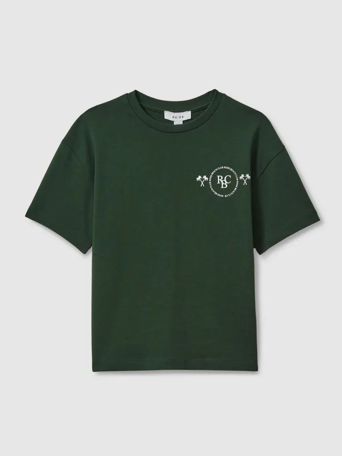 Children Reiss TShirts Palm Cotton Crew Neck Motif TShirt Dark Green