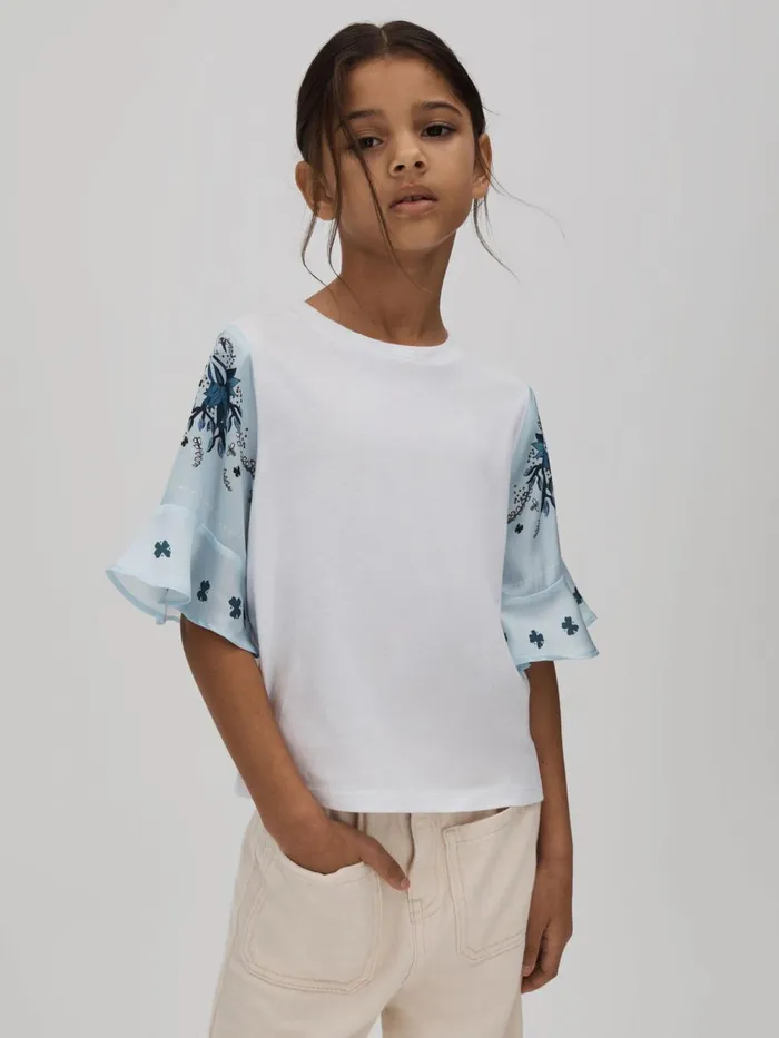 Children Reiss Tops and TShirts Anastasia Flute Sleeve Crew Neck TShirt White