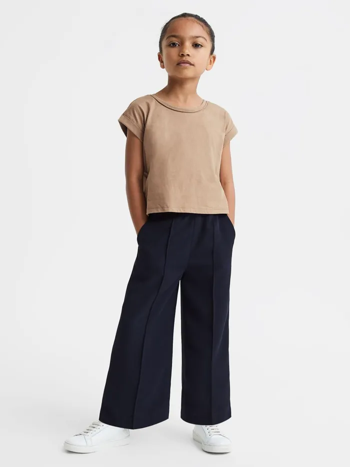 Children Reiss Tops and TShirts Terry Cotton Crew Neck Crop Top Camel
