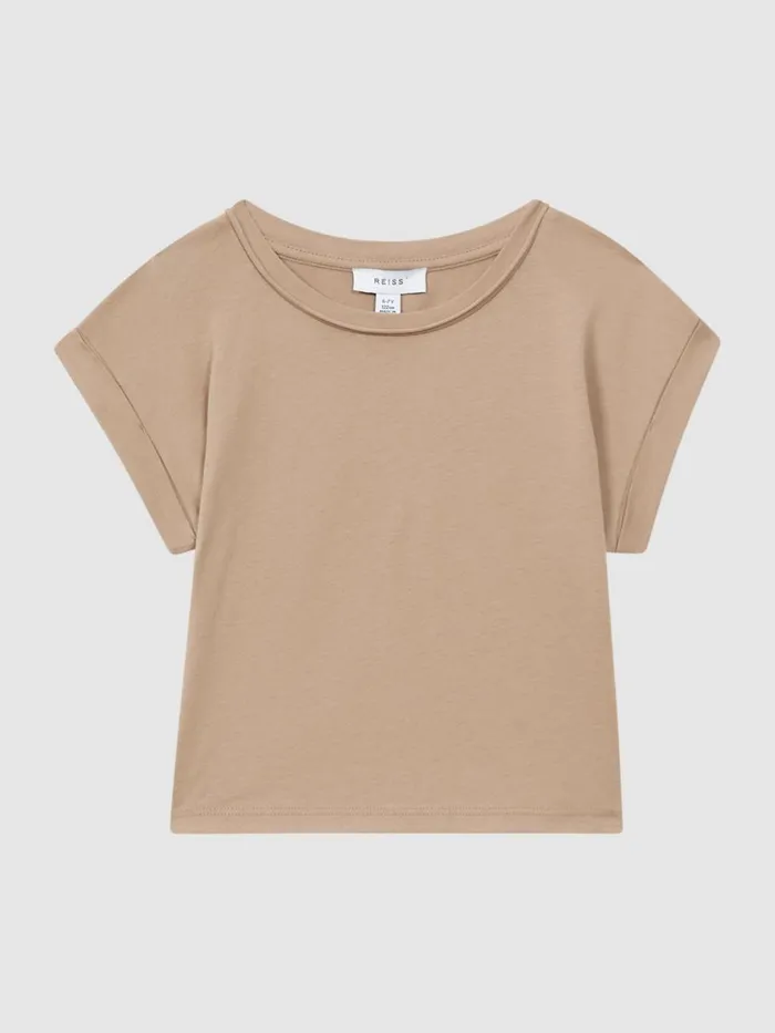 Children Reiss Tops and TShirts Terry Cotton Crew Neck Crop Top Camel
