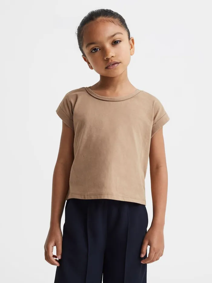 Children Reiss Tops and TShirts Terry Cotton Crew Neck Crop Top Camel