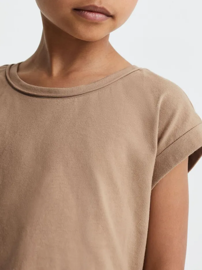 Children Reiss Tops and TShirts Terry Cotton Crew Neck Crop Top Camel