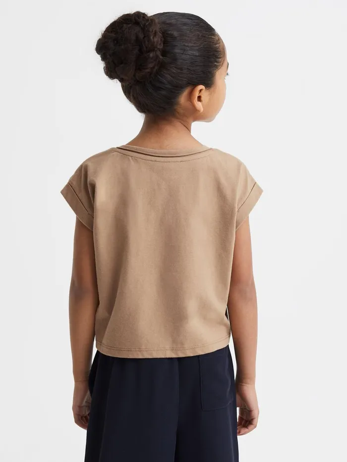 Children Reiss Tops and TShirts Terry Cotton Crew Neck Crop Top Camel