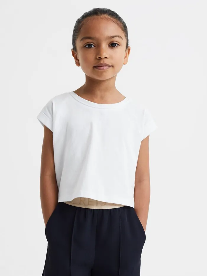 Children Reiss Tops and TShirts Terry Cotton Crew Neck Crop Top White