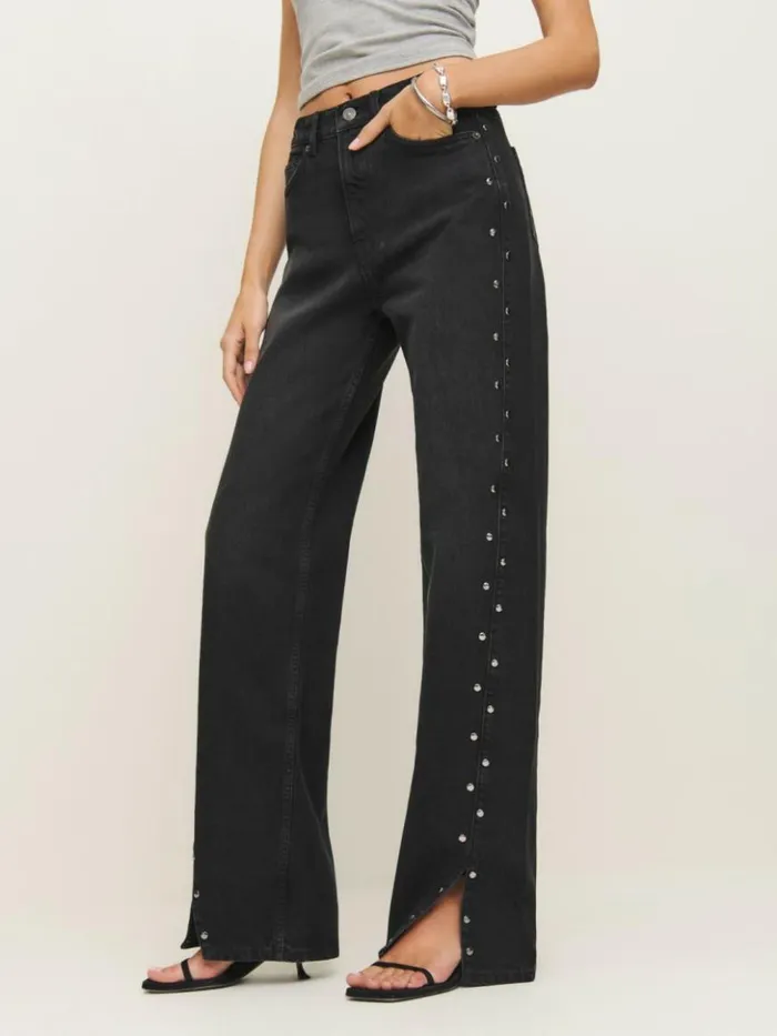 Clothing The Reformation Cary High Rise Slouchy Straight Leg Jeans Vana Vented Studded