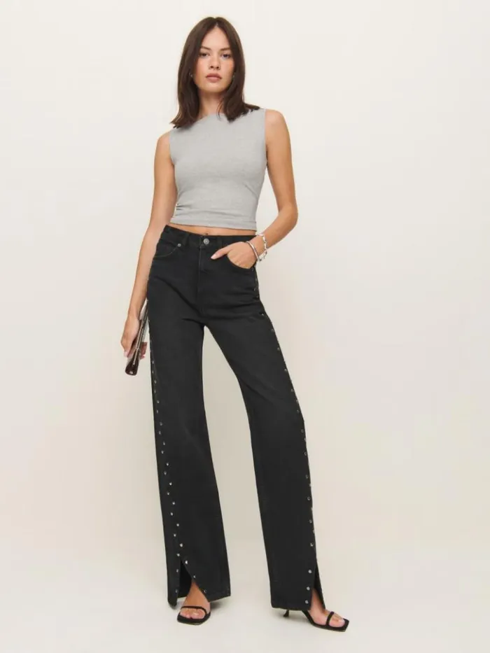Clothing The Reformation Cary High Rise Slouchy Straight Leg Jeans Vana Vented Studded