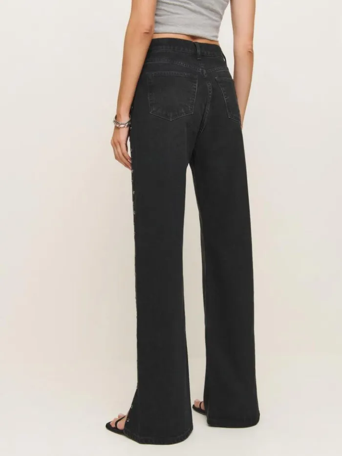Clothing The Reformation Cary High Rise Slouchy Straight Leg Jeans Vana Vented Studded