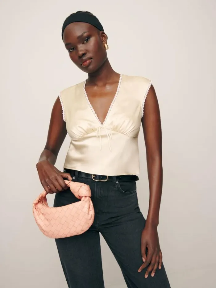 Clothing The Reformation Cherry Silk Top Almond