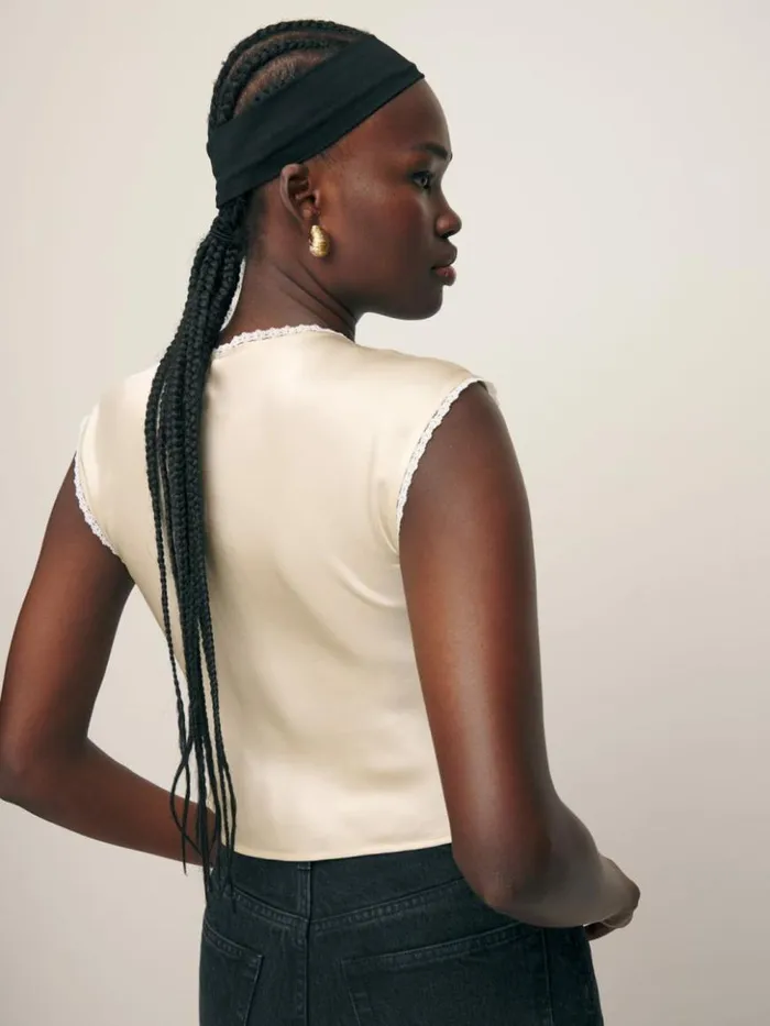 Clothing The Reformation Cherry Silk Top Almond