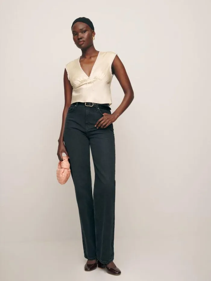 Clothing The Reformation Cherry Silk Top Almond