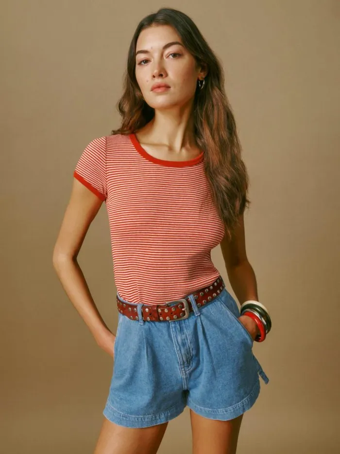 Clothing The Reformation Eliana Pleated Denim Shorts Leven