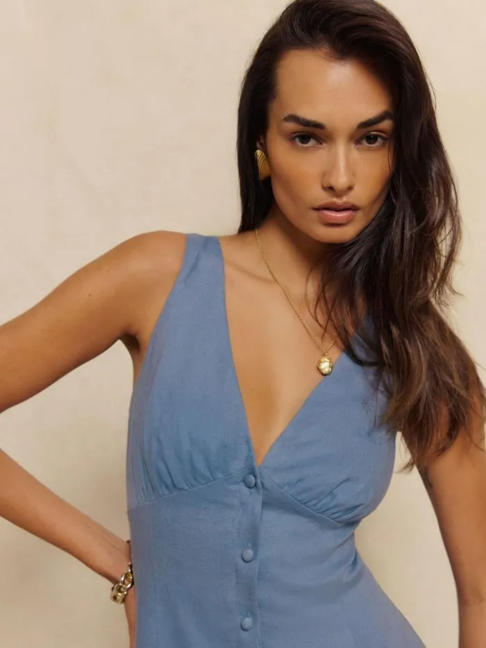 Clothing The Reformation Petites Sebastien Linen Dress Cornflower