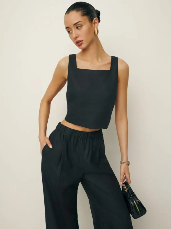 Clothing The Reformation Saige Linen Top Black