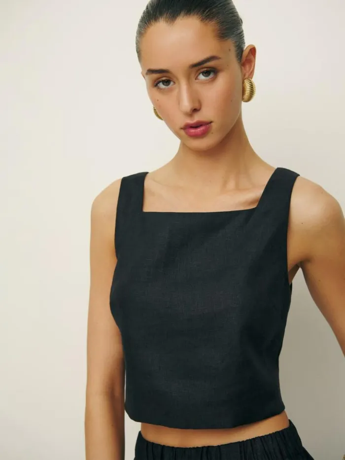 Clothing The Reformation Saige Linen Top Black