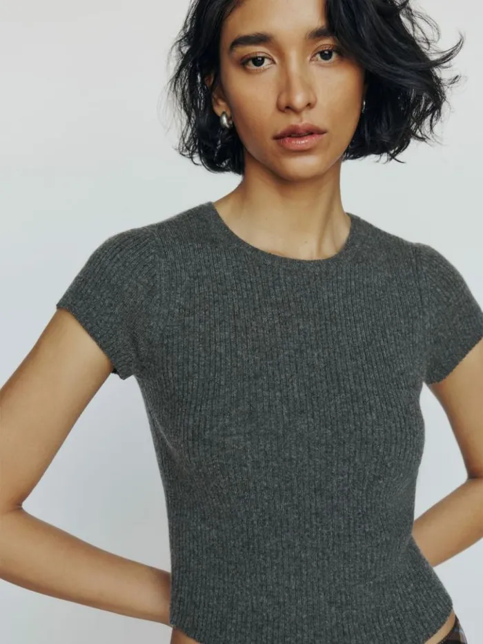 Clothing The Reformation Teo Cashmere Short Sleeve Sweater Charcoal