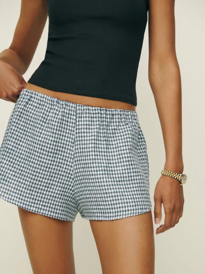 Clothing The Reformation Tillie Linen Short Slate Check