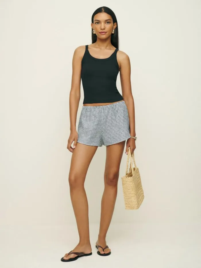 Clothing The Reformation Tillie Linen Short Slate Check