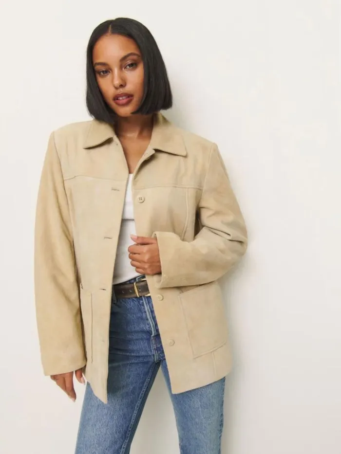 Clothing The Reformation Veda Lincoln Suede Shirt Jacket Oat Distressed