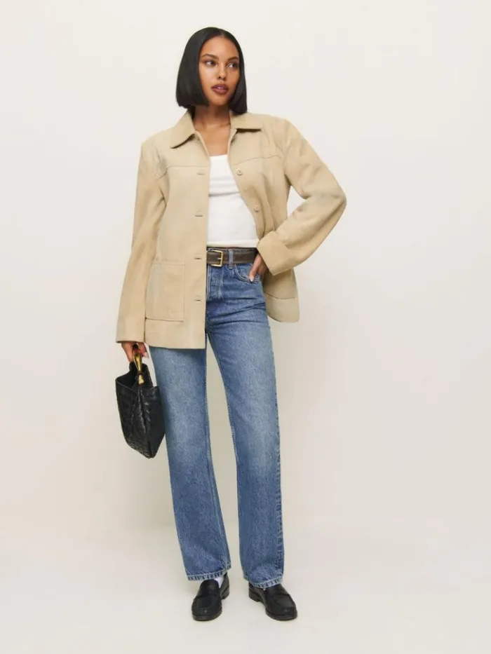 Clothing The Reformation Veda Lincoln Suede Shirt Jacket Oat Distressed
