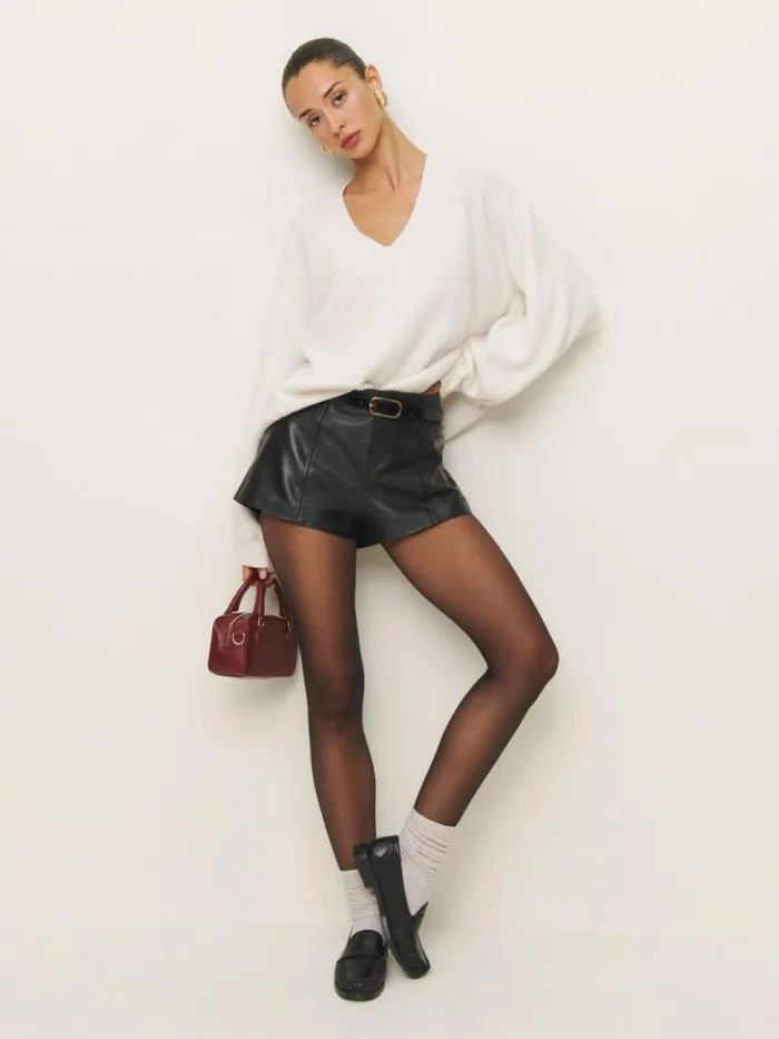 Clothing The Reformation Veda Rory Leather Short Black