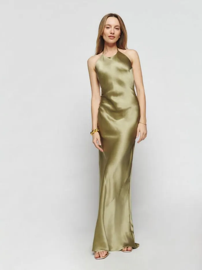 ClothingWeddings The Reformation Jeany Silk Dress Olive Oil