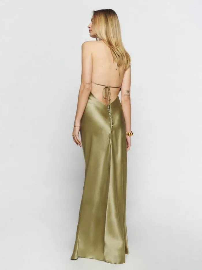 ClothingWeddings The Reformation Jeany Silk Dress Olive Oil