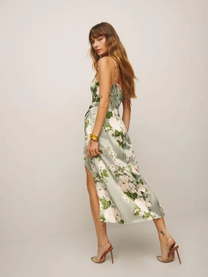 ClothingWeddings The Reformation Marguerite Silk Dress Tarragon