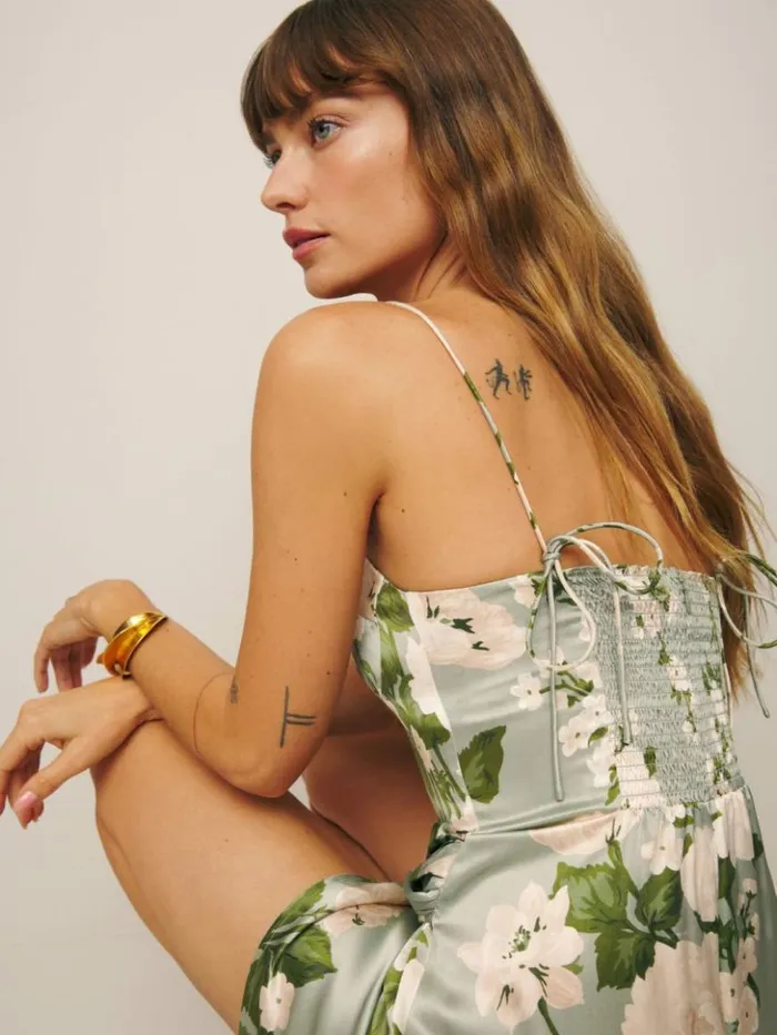 ClothingWeddings The Reformation Marguerite Silk Dress Tarragon