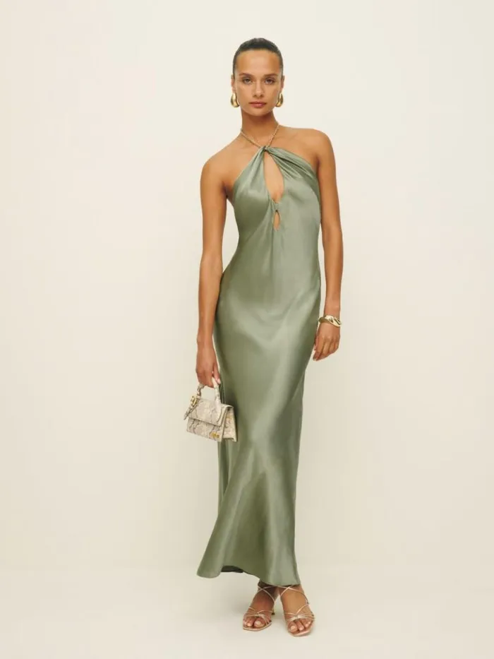ClothingWeddings The Reformation Yesenia Silk Dress Artichoke