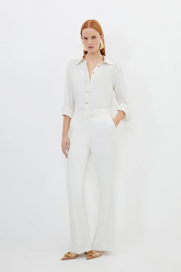 CoOrds Women Karen Millen Compact Viscose Slim Leg Tailored Trousers Ivory