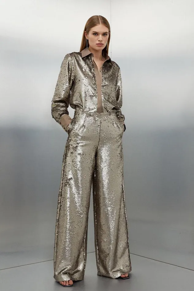 CoOrds Women Karen Millen Sequin Woven Wide Leg Trousers Silver