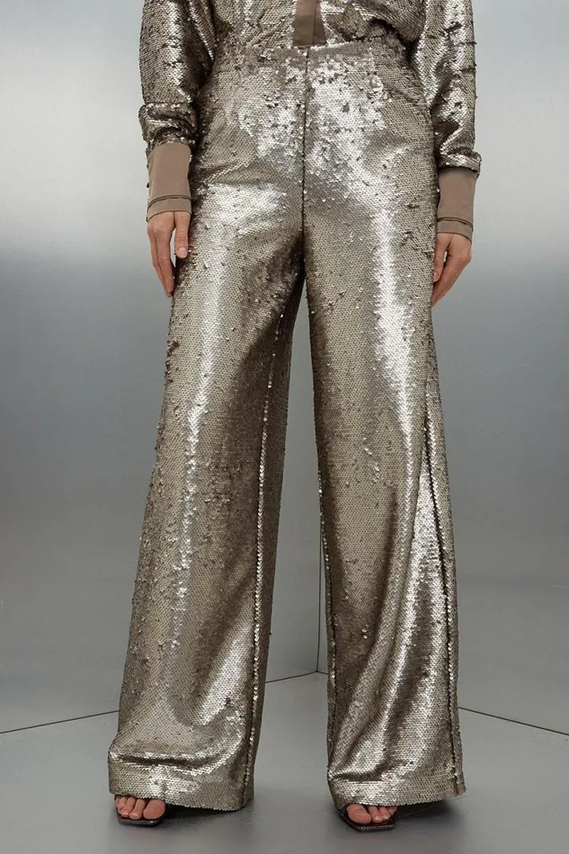 CoOrds Women Karen Millen Sequin Woven Wide Leg Trousers Silver