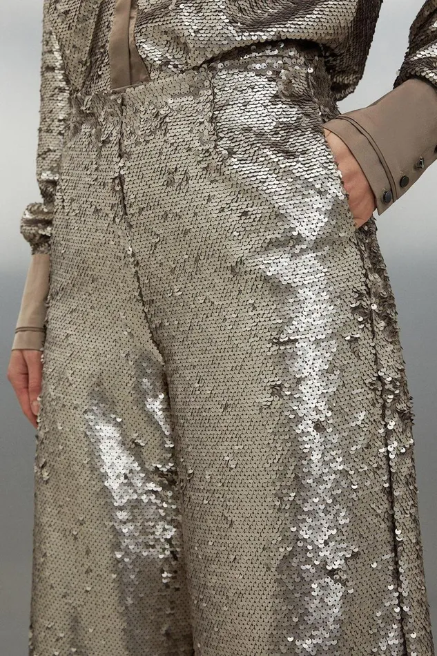 CoOrds Women Karen Millen Sequin Woven Wide Leg Trousers Silver