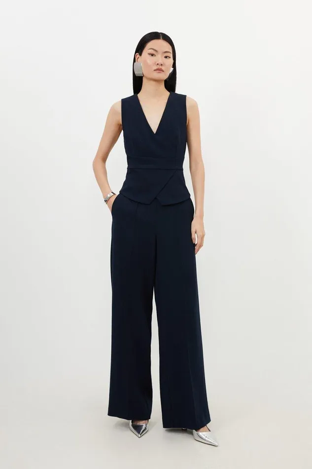 CoOrds Women Karen Millen Tailored V Neck Peplum Top and Trouser Set Navy