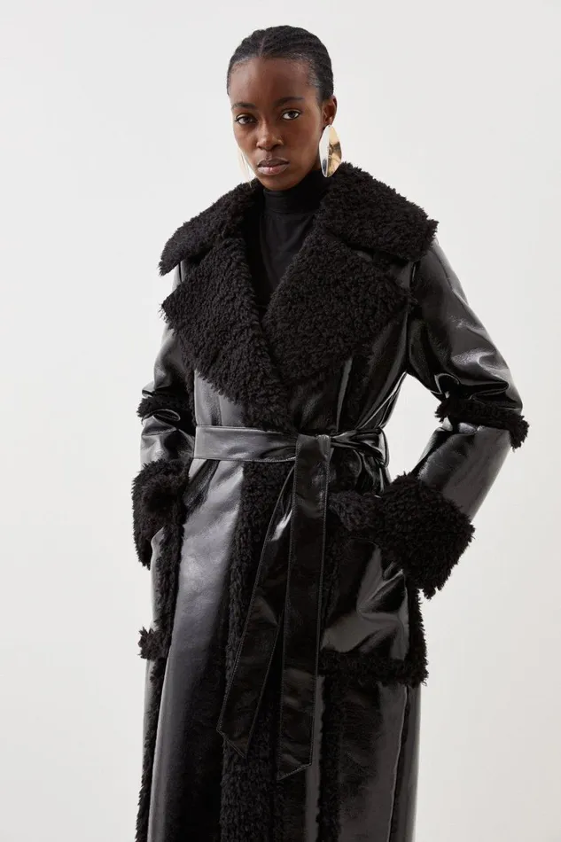 Coats and Jackets Women Karen Millen Contrast Cuff And Collar Vinyl Belted Long Coat Black Coats and Jackets Women Karen Millen Contrast Cuff And Collar Vinyl Belted Long Coat Black